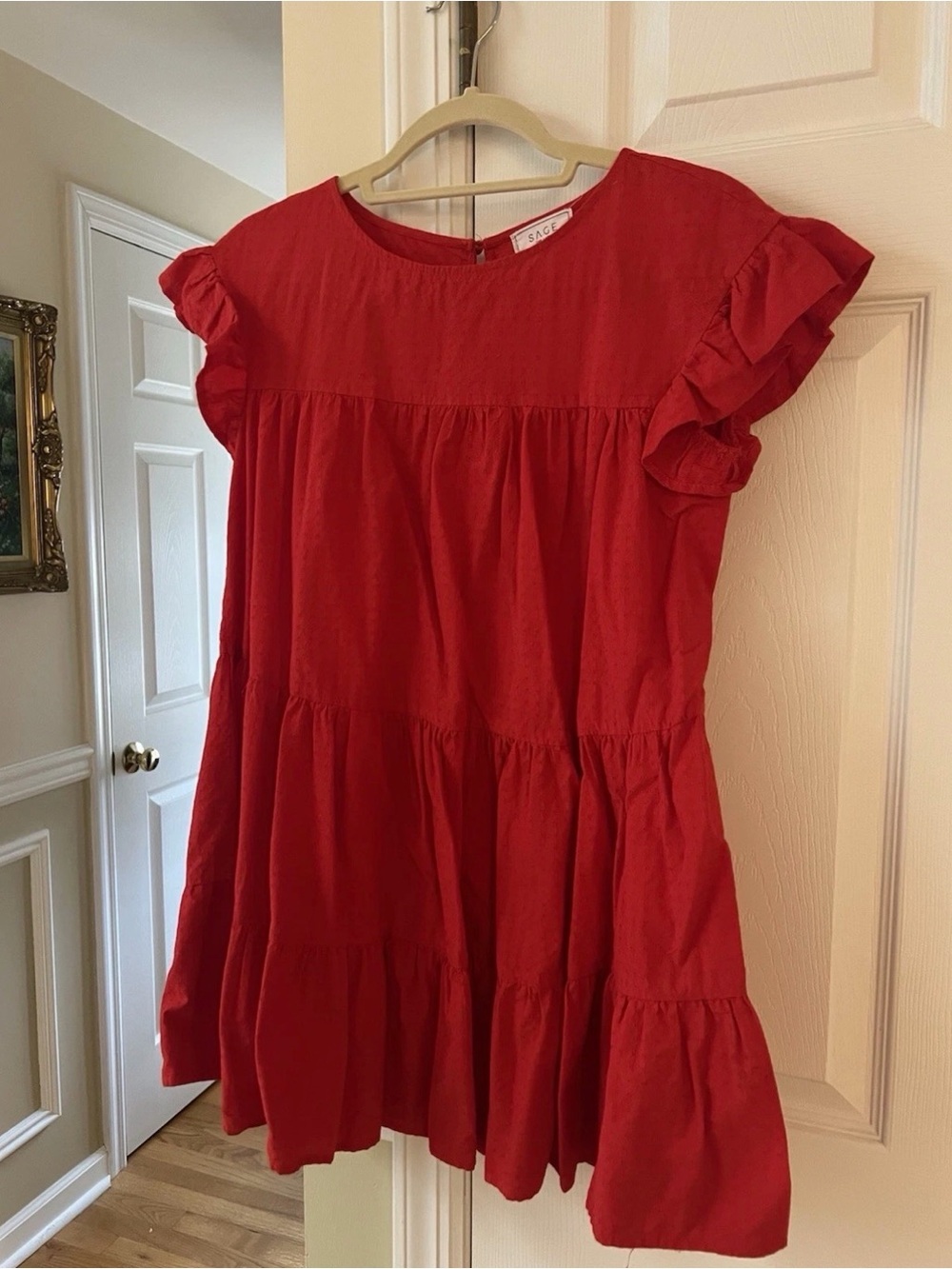 SAGE THE LABEL Women’s Red Ruffle Tiered Short Sleeve Mini Dress - Size Small